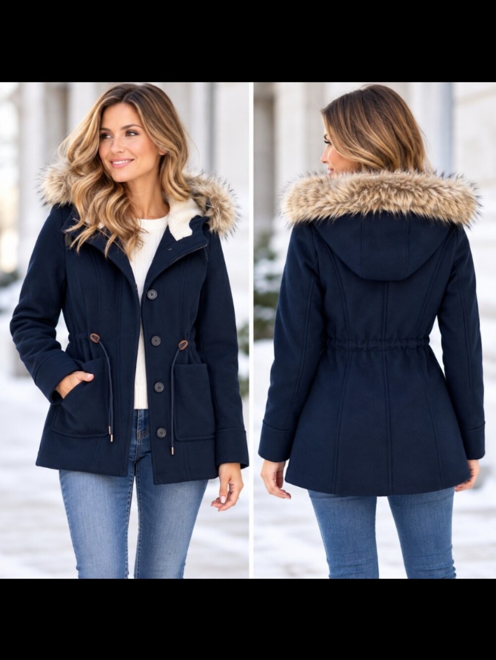 American Eagle Wool-Blend Hooded Peacoat Navy Blue Size Medium